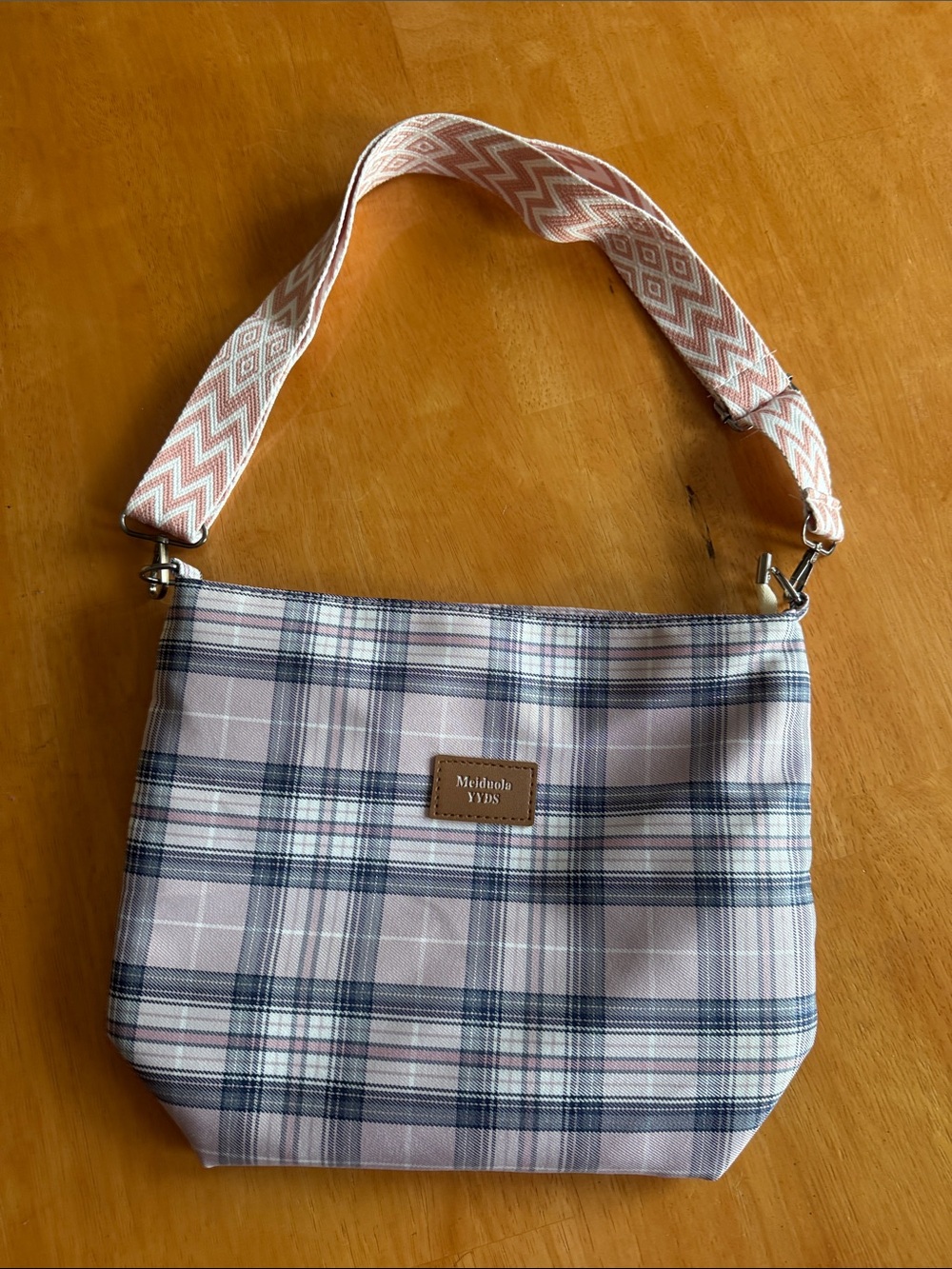 NEW Pink Plaid Shoulder Bag with ZigZag Patterned Strap